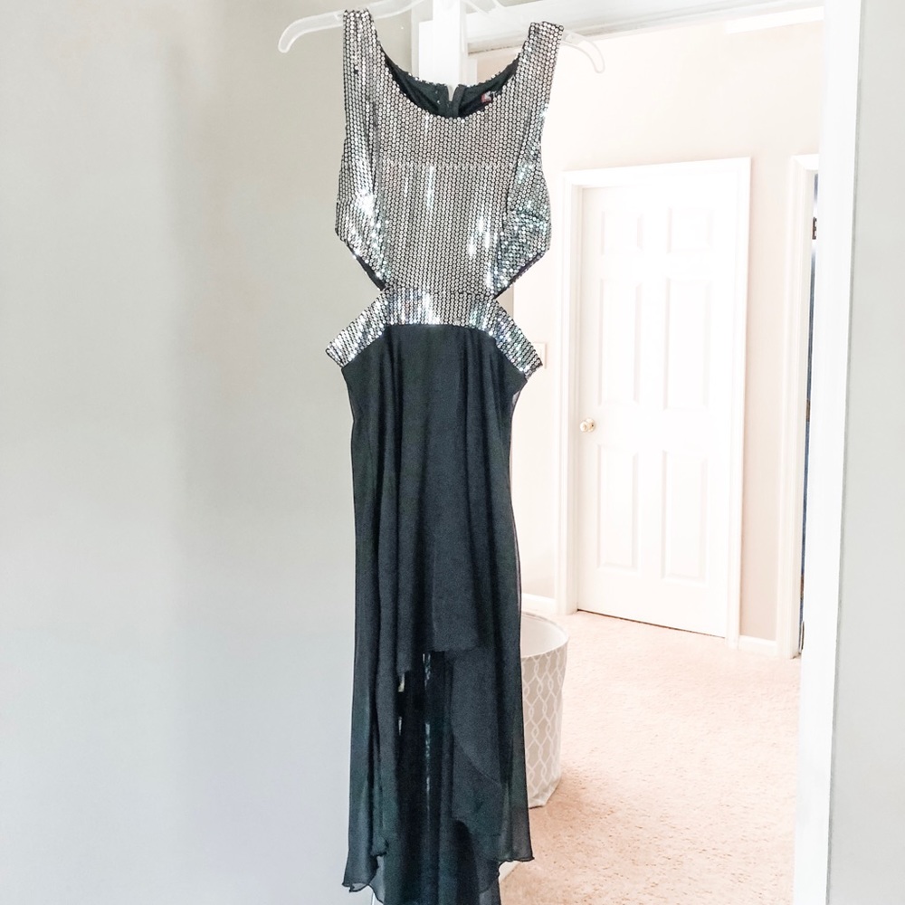 Silver and black sequin high low dress